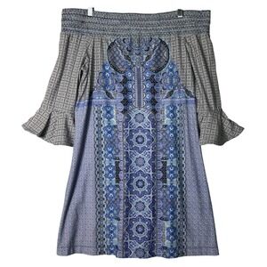 Cabana Life‎ Blue Mosaic Off Shoulder Smocked Tunic Top Womens Size Medium Beach